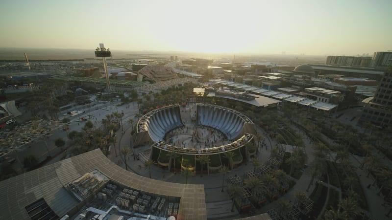 Aerial view of Water Fountain at Jubilee Park, Dubai, UAE.