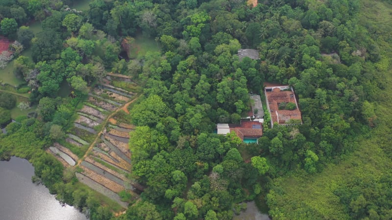 Aerial view of a house along lake Gregory, Bentota, Sri Lanka.