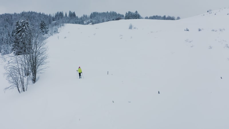 Aerial view of a woman doing cross country skiing, Onnion, France.