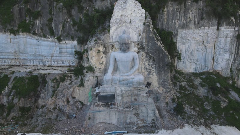 Aerial view of Buddha statue in Phnom Sampov, Battambang, Cambodia.