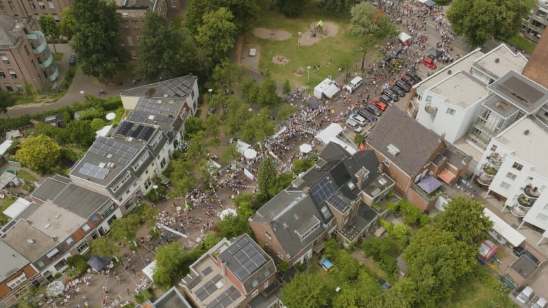 Aerial shot of 2023 International Four Days Marches of Nijmegen city. People walk 50km per day