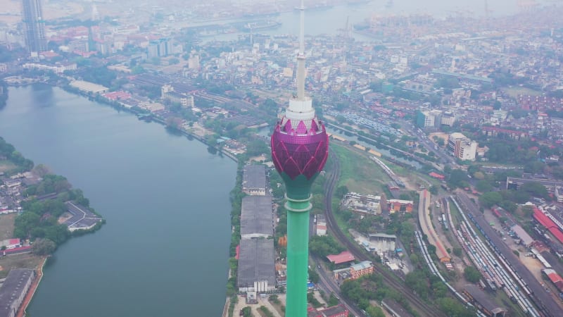 Aerial view of Lotus Tower in Colombo downtown, Sri Lanka.