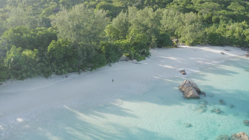 Aerial view of a person walking on the beach of Anse Lazio, Seychelles.