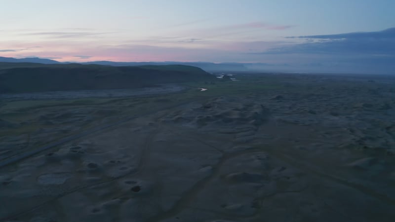 Drone view of amazing moonscape Iceland countryside. Birds eye of icelandic highlands of desolate icelandic green highlands. Solitude, loneliness