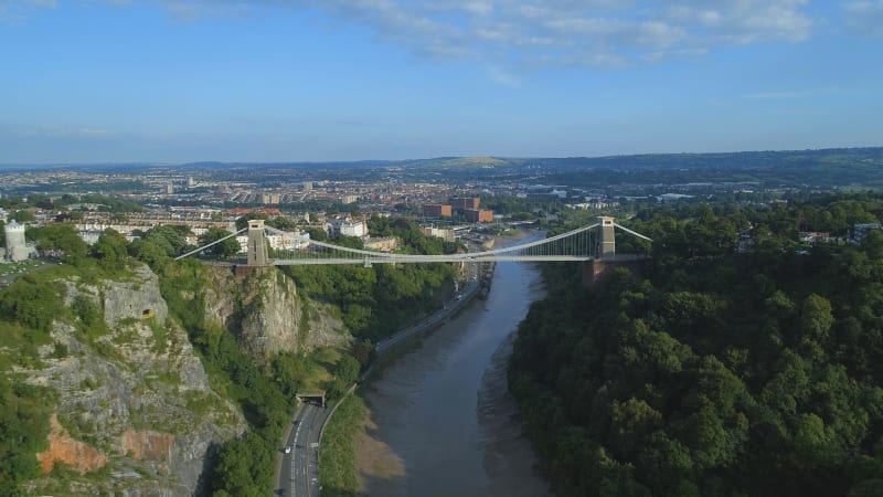 High Level Aerial View of Clifton Suspension Bridge and Bristol City