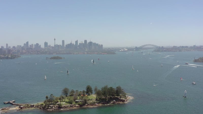 Yachts and Boats in Sydney Harbor in the Summer Flying over Shark Island