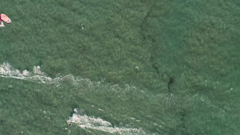 Aerial view of kitesurfing spot on the Neretva delta valley river