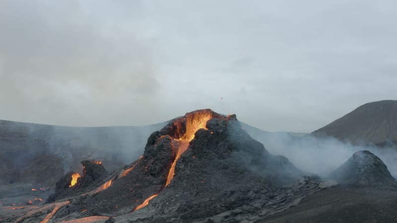 Aerial slider shot of erupting Fagradalsfjall volcano in Iceland