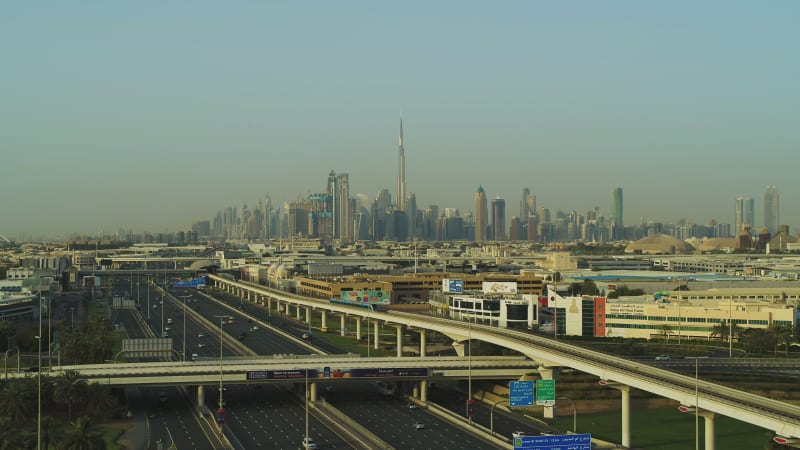 Aerial view of Dubai skyline with Burj Khalifa skyscraper, UAE.