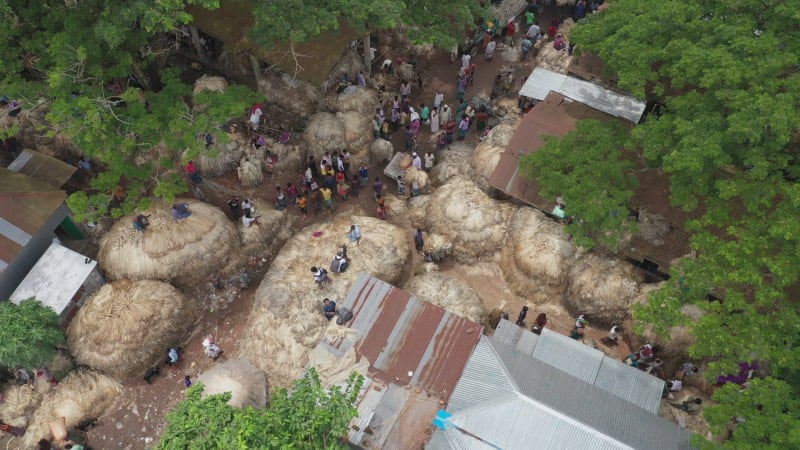 Aerial view of people at Dhaka street market, Dhaka, Bangladesh.