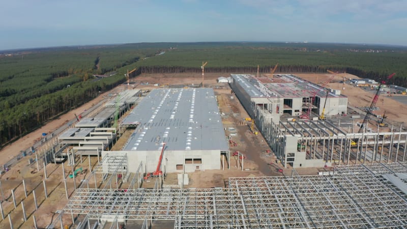 Huge Construction Site and structures of Factory Building being built in Germany, Aerial View