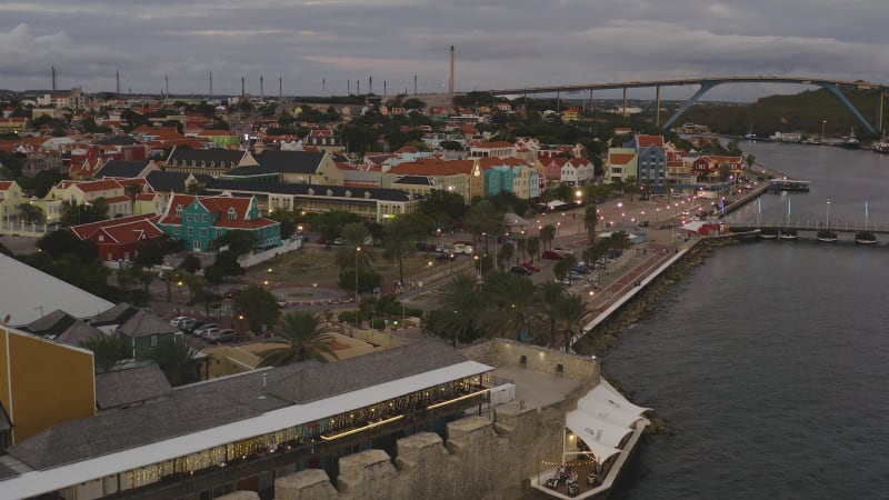 Willemsstad in Curacao during the golden hour of sunset, showcasing the city's beauty from above.