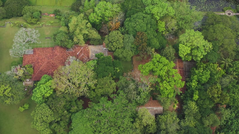 Aerial view of a house along lake Gregory, Bentota, Sri Lanka.