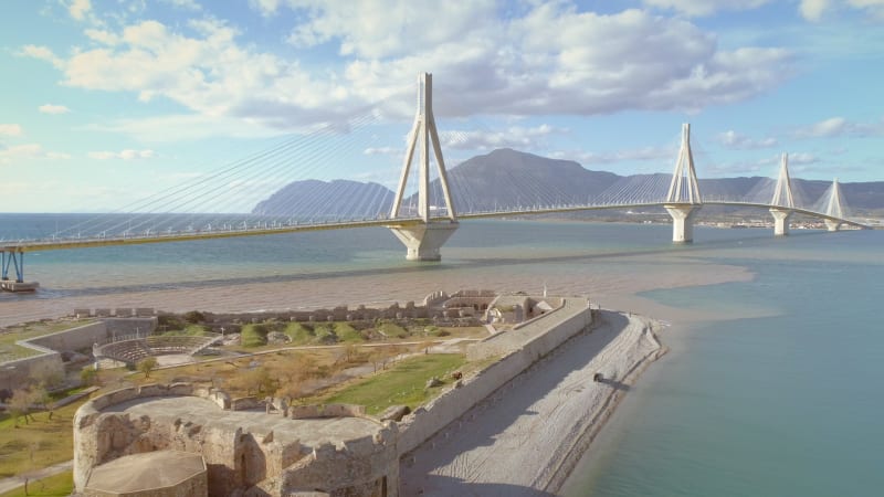 Aerial view of the Antirrio Castle and the Rion-Antirion Bridge.