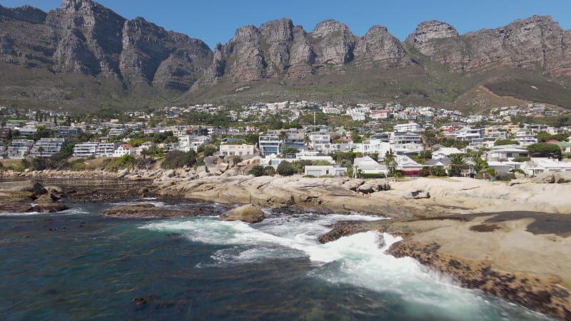 Aerial view of Table Mountain from Atlantic Ocean, Cape Town, South Africa.