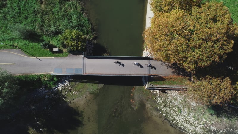 Aerial view of people cycling along Constance Lake, Switzerland.