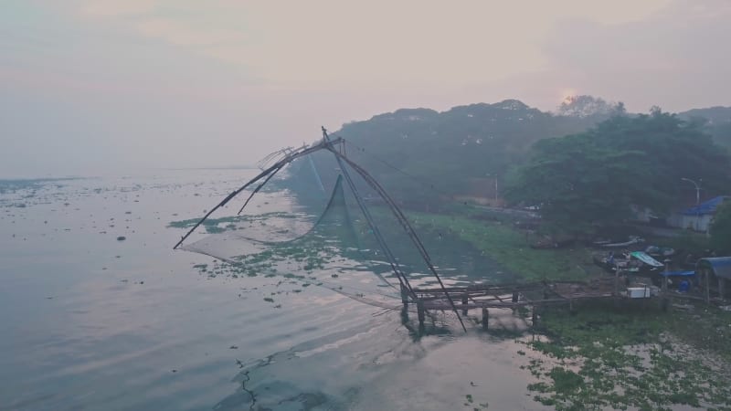 Stunning aerial view of fishing nets on a sandy beach