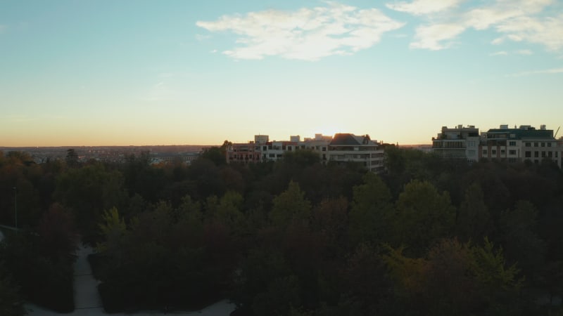 Fly against bright setting sun hiding behind apartment buildings at public park. Evening romantic view.