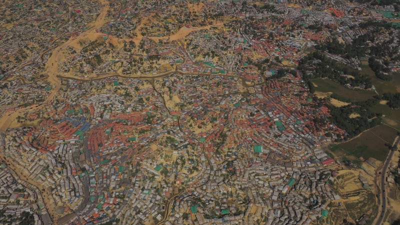 Aerial view of a huge refugee camp with makeshift houses, Ukhia, Bangladesh.