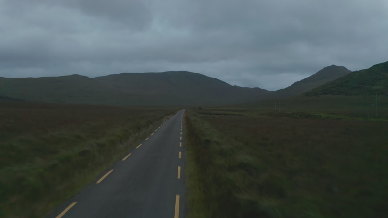 Forwards fly above narrow country in landscape. Wild animal standing aside road. Mountains against cloudy sky in background. Ireland