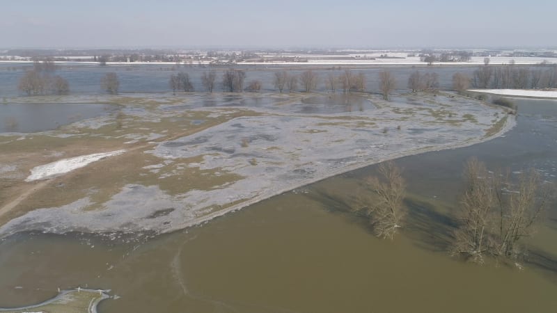 Aerial view of ice and snow on flood plains, river Waal, Gelderland, Netherlands.