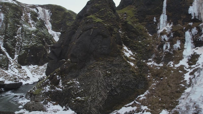 Aerial view of Fjardarargljufur canyon with river in wintertime, Iceland.