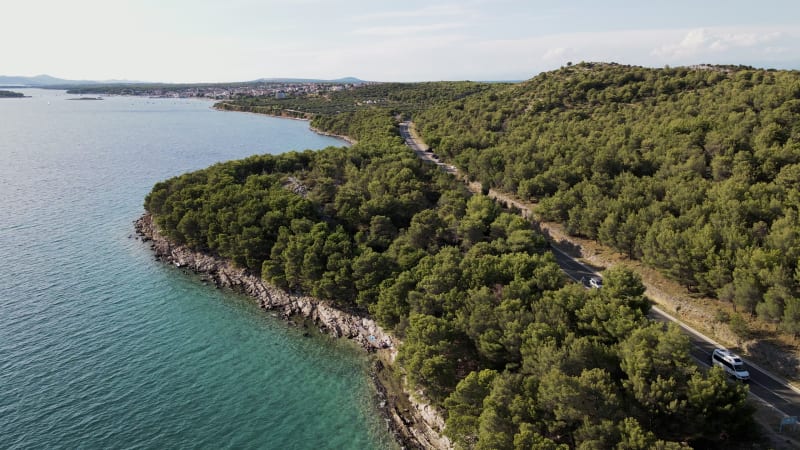 Aerial view of vehicles driving on a road, Zadar, Croatia.