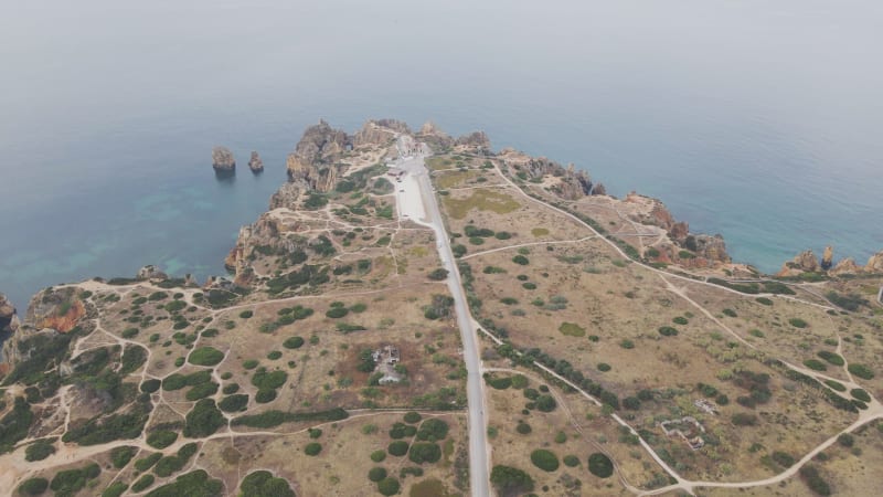 Aerial view of Ponta da Piedade lighthouse Lagos, Algarve, Portugal.