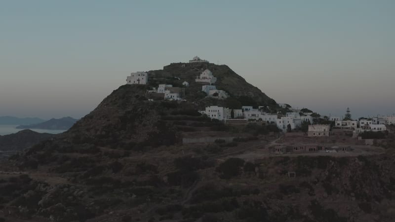 Greece Village Built on Island Mountain Site Aerial View