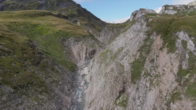 Aerial view of mountain river in a gorge in Greina Valley