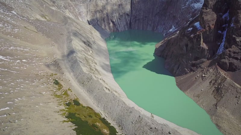 Aerial view of mountains and lake in Torres del Paine national park.