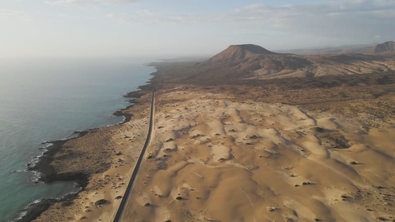 Aerial view of a road along the coast, Fuerteventura, Canary Islands, Spain.