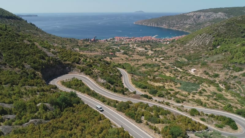 Aerial view of kitesurfing spot on the Neretva delta valley river.