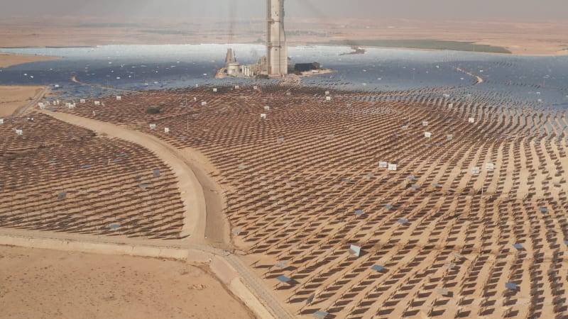 Aerial view of a Solar power tower and mirrors.