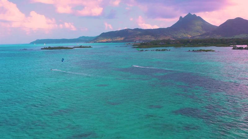 Aerial view of kitesurfing, Le Morne, Mauritius.