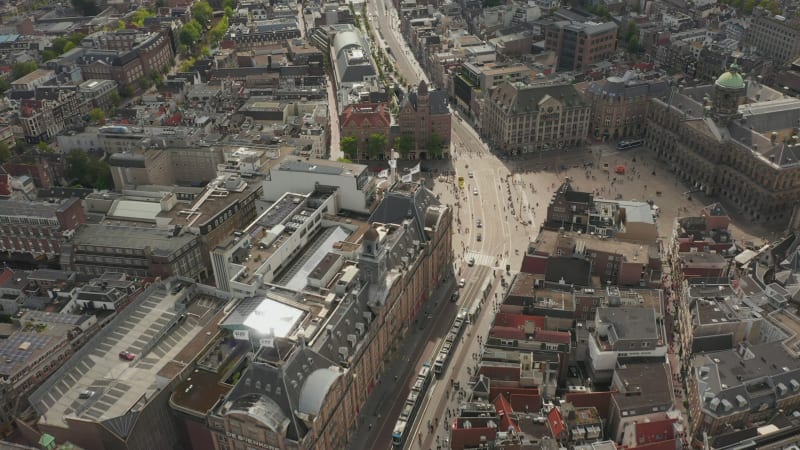 Amsterdam City Center Aerial of Royal Palace of Amsterdam and National Monument