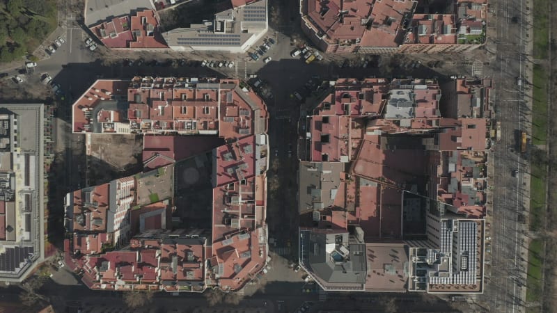 Barcelona Overhead Drone Shot of Typical City Blocks in Beautiful Sunlight with Urban Traffic