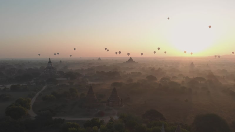 Aerial view of hot balloons in the Old Bagan temple site.