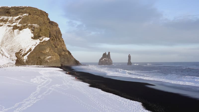 Reynisdrangar Columns and the Black Sand Beach in Iceland