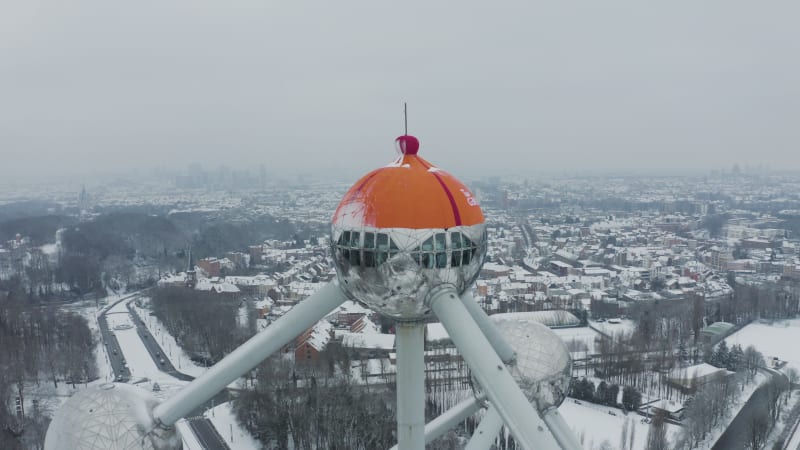 Aerial view of the Atomium in wintertime, Brussel, Belgium.