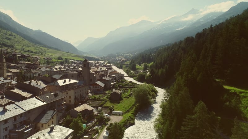 Aerial view of Lanslebourg village in Savoie.