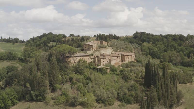 Aerial view of Monterongriffoli, Montalcino, Tuscany, Siena, Italy.