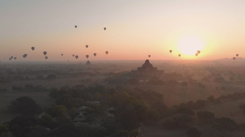 Aerial view of hot balloons in the Old Bagan temple site.