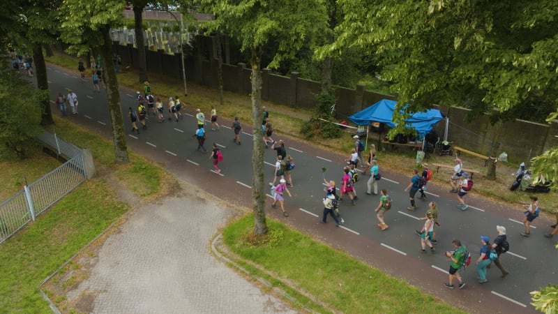 Aerial shot of 2023 International Four Days Marches of Nijmegen city. People walk 50km per day