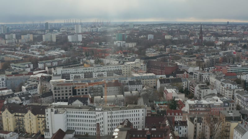 Aerial orbit view of apartment buildings in residential neighborhoods in Hamburg, Germany