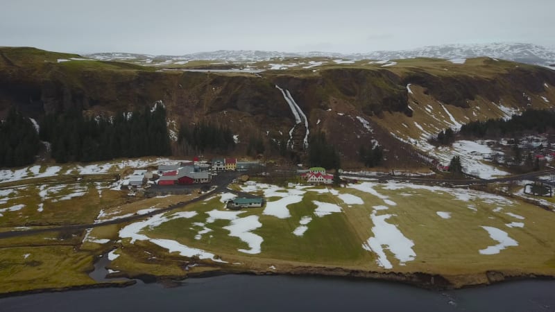 Aerial view of Icelandic countryside and village.