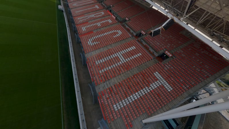 Aerial fpv shot at the football in the Galgenwaard stadium, where FC Utrecht plays.