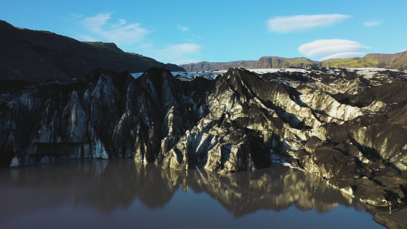 Aerial view of Solheimajokull lake in Iceland.