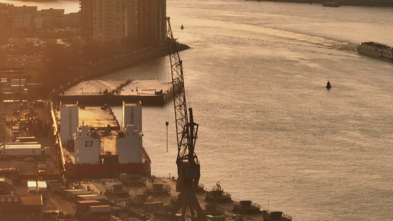 Industrial Crane in Port of Rotterdam Aerial Shot