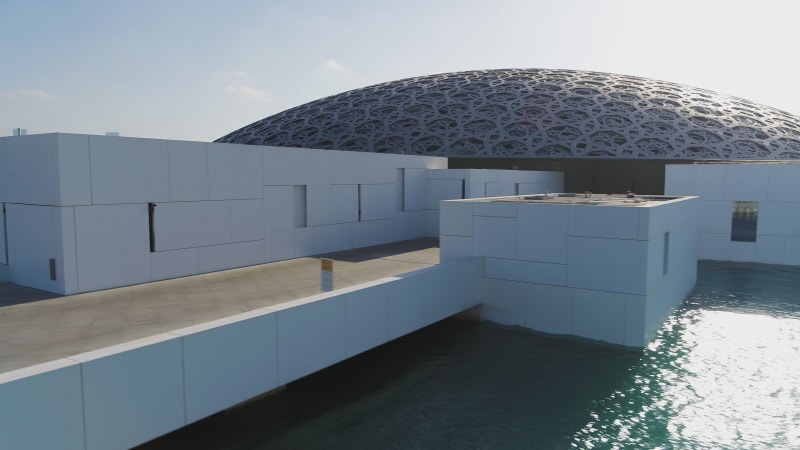 Aerial view of Louvre museum in Abu Dhabi, United Arab Emirates.